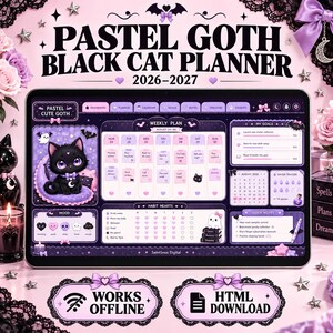 May include: A digital planner titled PASTEL GOTH BLACK CAT PLANNER 2026-2027 displayed on a tablet screen. The interface features a black cat illustration, weekly plan, habit trackers, and goal sections in shades of purple, pink, and black.