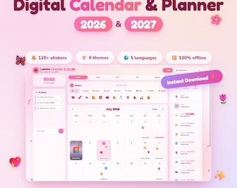 May include: A digital calendar and planner for 2026 and 2027 titled Lumora Calendar. The interface features a pink color scheme, a monthly view for July 2026, a notes section, and icons for stickers, themes, and languages. Includes text: Instant Download.