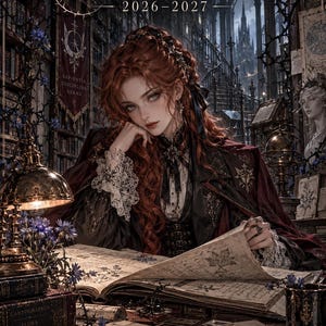 May include: A digital planner titled Saintsaux Digital Thorn Archive 2026-2027 featuring an illustration of a person with long red hair in a dark library setting, surrounded by books, blue flowers, a brass lamp, and various antique-style documents.