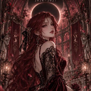 Puede incluir: Una agenda digital titulada Saintsaux Digital Velvet Eclipse 2026-2027 Interactive HTML Planner. La portada muestra a una persona con cabello largo y rojo, vestida con un traje de terciopelo rojo oscuro con detalles de encaje negro.