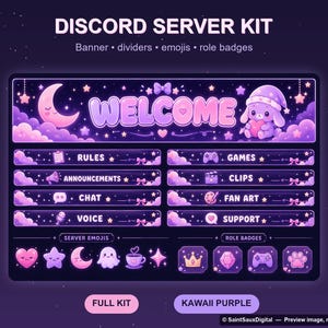 May include: A digital Discord server kit in purple with a welcome banner, section dividers for rules, announcements, chat, voice, games, clips, fan art, and support, plus server emojis and role badges featuring stars, moons, and a bunny character.