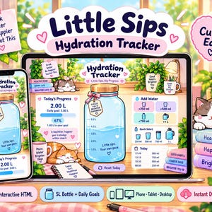 May include: A digital hydration tracker interface titled Little Sips displayed on a smartphone and laptop screen. The design features a large water bottle graphic, progress bars, daily goal settings, and cute cat illustrations with pastel colors.