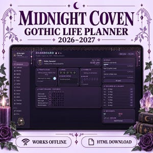Könnte beinhalten: Ein digitaler Midnight Coven Gothic Life Planner 2026-2027 auf einem Bildschirm. Die Benutzeroberfläche zeigt ein dunkelviolettes Dashboard mit Bereichen für Ziele, Gewohnheitsverfolgung, Finanzen und tägliche Aufgaben. Text beinhaltet 'Midnight Coven', 'Dashboard', 'Works Offline'.