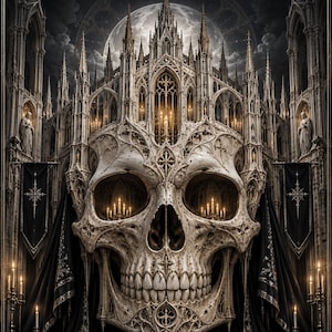 Puede incluir: Una portada de planificador digital titulada Bone Cathedral 2026-2027 por Saintsaux Digital. La ilustración presenta un cráneo grande y ornamentado de color hueso integrado en una estructura de catedral gótica con velas encendidas, estandartes negros y una luna llena de fondo.