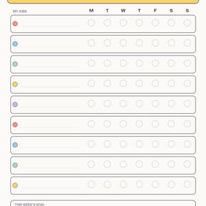 Puede incluir: Una tabla de tareas con un encabezado amarillo etiquetado como CHORE CHART star squad edition. Cuenta con nueve filas para tareas, cada una con un punto de color y siete casillas de verificación circulares para los días de la semana. La sección inferior incluye campos para THIS WEEK'S GOAL, REWARD y cinco iconos de estrellas, con el texto every star counts - you've got this, superstar! en la parte inferior.