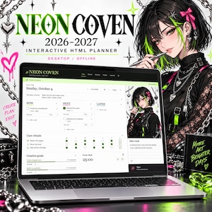 Neon Coven Gothic Planner 2026-2027, Kawaii Punk Anime HTML-app (digitale download)