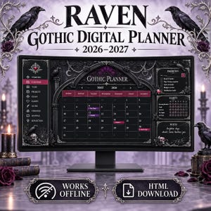 Könnte beinhalten: Ein digitaler Planer auf einem Computermonitor mit gotischem Design, Raben-Illustrationen, einem Kalender für Mai 2026 sowie Bereichen für Prioritäten, Gewohnheiten und Notizen. Der Text lautet Raven Gothic Digital Planner 2026-2027.