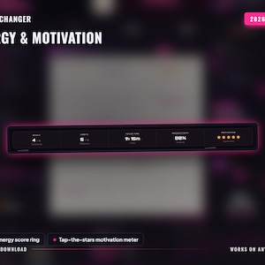 May include: A digital productivity dashboard titled GAME CHANGER ENERGY & MOTIVATION for 2026-2027. It features a dark horizontal bar displaying metrics for goals, habits, focus time of 1h 15m, 80% productivity, and a five-star motivation meter.