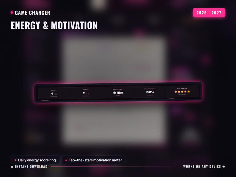 May include: A digital productivity dashboard titled GAME CHANGER ENERGY & MOTIVATION for 2026-2027. It features a dark horizontal bar displaying metrics for goals, habits, focus time of 1h 15m, 80% productivity, and a five-star motivation meter.