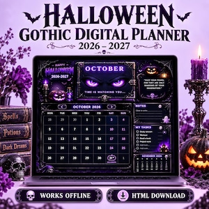 Peut inclure: Un agenda numérique affiché sur un écran d'ordinateur portable avec un thème Halloween violet sombre, incluant un calendrier 2026-2027, une vue mensuelle d'octobre, des listes de tâches et des notes. L'interface affiche "Halloween Gothic Digital Planner".