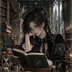 Könnte beinhalten: Ein digitaler Planer mit dem Titel Raven Seminary 2026-2027, der eine Illustration einer Person mit dunklem Haar und Brille zeigt, die ein Buch liest. Die Szene umfasst eine Sanduhr, eine schwarze Tasse mit Rabenmotiv, Bücherstapel und gotische Architektur.