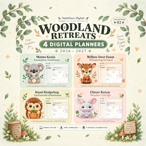 Könnte beinhalten: Ein digitales Produktset mit dem Titel Woodland Retreats 4 Digital Planners 2026-2027 von SaintSaux Digital. Es enthält vier illustrierte Charaktere: Momo Koala, Willow Deer Fawn, Hazel Hedgehog und Clover Bunny, jeweils mit einer digitalen Planeroberfläche.
