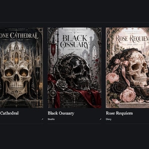 Op de afbeelding: Een digitale collectie genaamd Skull Cathedral Collection met vijf verschillende posters: Memento Mori, Bone Cathedral, Black Ossuary, Rose Requiem en Chrome Mortis. Elke poster toont een gedetailleerde schedelillustratie met gotische architecturale elementen.