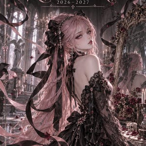 May include: A digital planner cover titled Ribbon Revenant 2026-2027 Interactive HTML Planner featuring an illustration of a person with long pink hair, wearing a black lace gown with ribbons, standing in a dark, ornate room with a mirror.