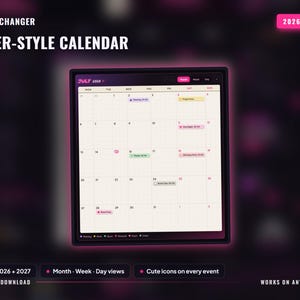 May include: A digital paper-style calendar for 2026 and 2027 displayed on a screen. The interface shows a monthly grid for July 2026 with color-coded event blocks, navigation tabs for month, week, and day views, and a legend at the bottom.