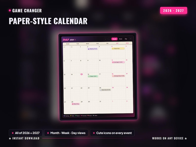 May include: A digital paper-style calendar for 2026 and 2027 displayed on a screen. The interface shows a monthly grid for July 2026 with color-coded event blocks, navigation tabs for month, week, and day views, and a legend at the bottom.