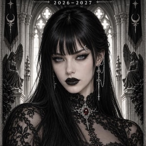 Puede incluir: Una agenda digital titulada Obsidian Muse 2026-2027 de Saintsaux Digital. La portada muestra a una persona con cabello largo negro, lápiz labial oscuro y joyas de plata, vistiendo una prenda de encaje negro. Fondo con arquitectura gótica.