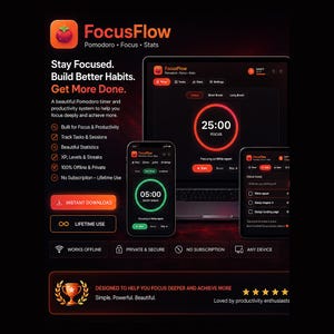 Pomodoro Timer App, ADHD Study Focus Tool, Task Sessions, Works Offline (HTML File)