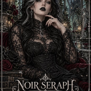Puede incluir: Una portada de planificador digital titulada NOIR SERAPH 2026-2027 INTERACTIVE HTML PLANNER con una persona de cabello oscuro y labios negros vistiendo un vestido de encaje negro, rodeada de rosas rojas, un gato negro y un castillo gótico.