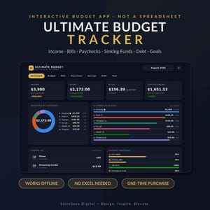 May include: An interactive budget app interface titled Ultimate Budget Tracker. The dark-themed dashboard displays financial data including income, bills, spending by category with a donut chart, planned versus actual bar graphs, and savings snapshots.