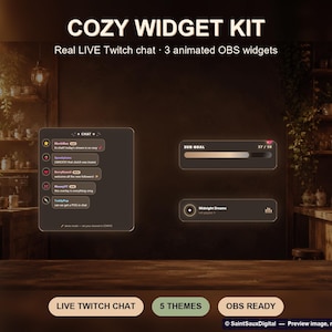 Cozy Twitch Chat Widget Kit, Café Overlay, Livechatt, Målbar, Nu spelas (digital nedladdning)