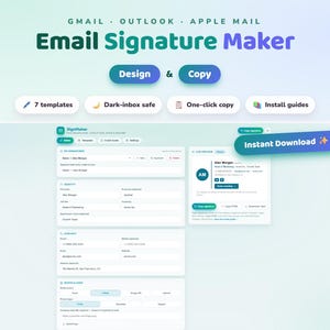 以下が含まれることがあります： Gmail、Outlook、Apple Mailに対応したメール署名作成ツールのデジタルインターフェース。画面には連絡先情報の入力フィールド、署名のライブプレビュー、デザインおよびコピー機能のボタンが表示されています。