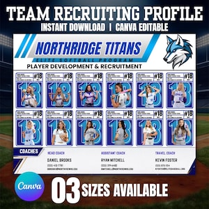 May include: A digital team recruiting profile template for the Northridge Titans elite softball program. The layout features a wolf mascot, player photo slots with jersey number 18, and contact information for the head, assistant, and travel coaches.