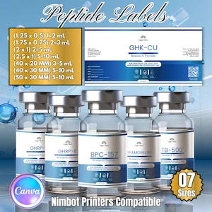 May include: A collection of clear glass vials with silver caps, each featuring a blue and white label with text including GHK-CU, GHRP, GHRP-6, BPC-157, IPAMORELIN, and TB-500. A gold box displays a list of seven sizes in inches and millimeters for labels.