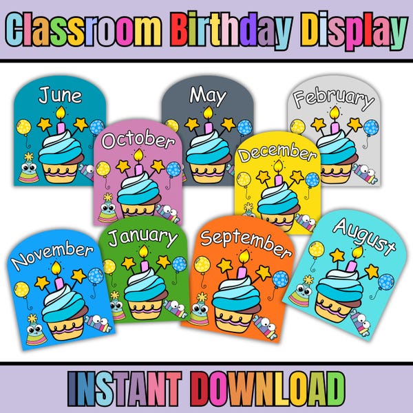 Decoración editable para el aula de cumpleaños, colorido mural de cupcakes para cumpleaños, decoración para aulas de preescolar y jardín de infancia, descarga instantánea.