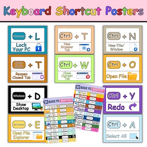 May include: A set of educational posters titled Keyboard Shortcut Posters, featuring colorful rectangular cards with PC keyboard commands like Windows+L, Ctrl+T, and Ctrl+N, alongside two vertical lists labeled 20 Basic PC Shortcuts.