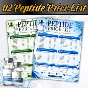 Può includere: Due volantini informativi intitolati Peptide Price List, uno con accenti verdi e uno blu, che mostrano tabelle per peptidi metabolici, rigenerativi e anti-invecchiamento. Due flaconi di vetro etichettati GHRP-2 sono in primo piano.
