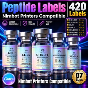 Mall för redigerbara peptidetiketter, holografiska peptidflasketiketter, NIIMBOT peptidetiketter, retatrutidetikett, Canva-mall