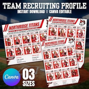 Puede incluir: Una plantilla digital de perfil de reclutamiento de equipo para el programa de sóftbol de élite Northridge Titans. El diseño presenta gráficos en rojo y blanco, espacios para fotos de jugadoras y campos de texto para información de contacto, editables en Canva.
