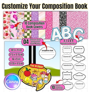 May include: A digital design set for composition books featuring 10 patterned covers, A-Z and 0-9 alphabet and number graphics, 10 school-themed clipart elements, and 10 label stickers. Includes 4 mockup sizes: 8.5 x 11 in, 7.5 x 9.75 in, 6 x 9 in, and 3.25 x 4.5 in.