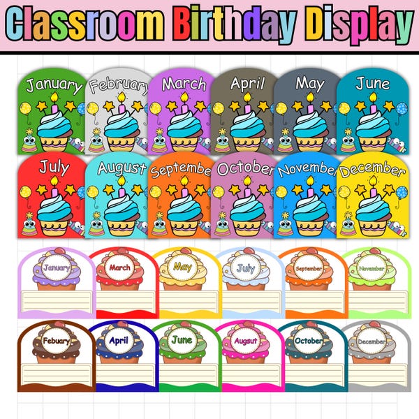 Decoración editable para el aula de cumpleaños, colorido mural de cupcakes para cumpleaños, decoración para aulas de preescolar y jardín de infancia, descarga instantánea.
