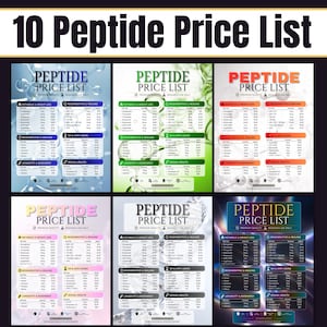 May include: A collection of six informational charts titled 10 Peptide Price List, each featuring distinct color themes including blue, green, orange, pink, grey, and dark iridescent, displaying categorized peptide data for research use only.