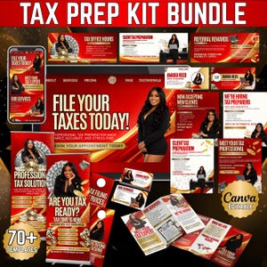 Könnte beinhalten: Ein digitales Marketing-Paket zur Steuervorbereitung mit roten und goldenen Vorlagen für soziale Medien, Flyer und Broschüren. Die Designs enthalten Texte wie Tax Prep Kit Bundle, File Your Taxes Today und Professional Tax Solutions mit Porträts.