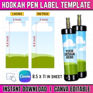 Könnte beinhalten: Eine digitale Vorlage für Hookah-Pen-Etiketten mit einem Layout von 5,08 cm mal 11,43 cm, inklusive geschichteter und einteiliger Optionen. Das Design zeigt einen blauen Himmel mit weißen Wolken und grünen Hügeln sowie den Text YOUR DESIGN HERE.