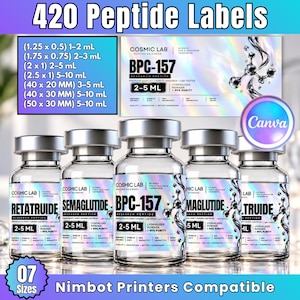 Puede incluir: Una colección de viales de vidrio transparente con tapas plateadas, con etiquetas holográficas de Cosmic Lab, BPC-157, Semaglutide y Retatrutide. La imagen incluye una tabla de tamaños en cm y ml para 420 etiquetas de péptidos.