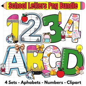 以下が含まれることがあります： School Letters Png Bundleというタイトルのデジタルグラフィックセット。鉛筆、リンゴ、バックパック、本、絵の具パレットなどの学校をテーマにしたモチーフで装飾された数字1、2、3、4と文字A、B、C、Dが含まれています。テキストには「4 Sets - Alphabets - Numbers - Clipart」と書かれています。