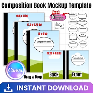 May include: A digital composition book mockup template featuring various sizes including 8.5 x 11 in, 7.5 x 9.75 in, 6 x 9 in, and 3.25 x 4.5 in. The design includes a blue sky and green hills background, black spines, and 10 different composition book stickers.