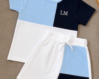 Boys 2pc Colourblock Cotton Shorts Set T-Shirt Drawstring 2-3Y 3-4Y Blue initials