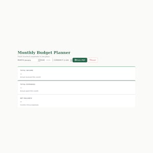 Może przedstawiać: Cyfrowy interfejs miesięcznego planera budżetu z ciemnozielonym tekstem. Zawiera rozwijane menu dla miesiąca, roku i waluty oraz przyciski Print/PDF i Reset. Sekcje obejmują całkowity dochód, całkowite wydatki oraz saldo netto.