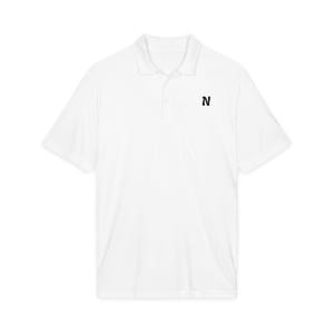 May include: A crisp white short-sleeved polo shirt featuring a classic collar and a buttoned placket. The garment is plain white with a small, black, stylized letter N embroidered on the left chest area, providing a simple and clean aesthetic.