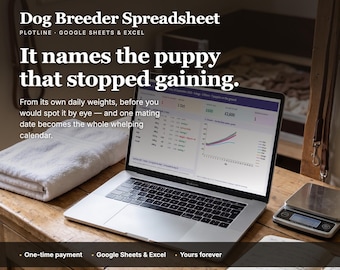 May include: A silver laptop displaying a Dog Breeder Spreadsheet for Google Sheets and Excel, featuring data tables and growth charts. The screen text reads: Dog Breeder Spreadsheet, It names the puppy that stopped gaining.