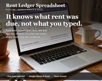 May include: A silver laptop displaying a Rent Ledger Spreadsheet for Google Sheets and Excel. The screen text reads: It knows what rent was due, not what you typed. From each lease's start, end, rent and due day, it works out what was owed every month.