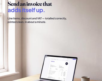 May include: A laptop displaying an invoice on a wooden desk with a notebook, pen, and mug. The text reads: Plotline, Send an invoice that adds itself up. Line items, discount and VAT — totalled correctly, printed clean, in about a minute.