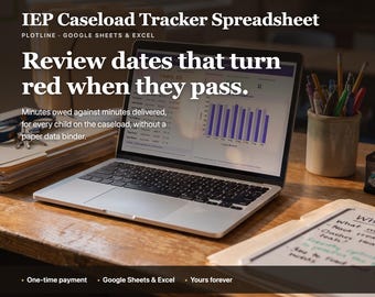 May include: A laptop displaying an IEP Caseload Tracker Spreadsheet with a bar chart and text that reads: Review dates that turn red when they pass. Minutes owed against minutes delivered, for every child on the caseload, without a paper data binder.