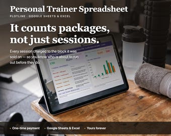 May include: A tablet displaying a Personal Trainer Spreadsheet for Google Sheets and Excel. The screen shows client session data, financial totals, and bar charts. The text reads: Personal Trainer Spreadsheet, It counts packages, not just sessions.