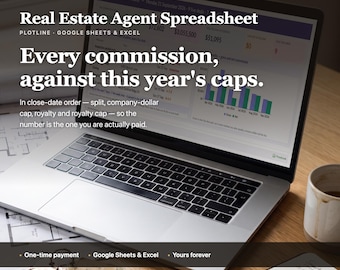 May include: A laptop screen displaying a Real Estate Agent Spreadsheet for Google Sheets and Excel. The text reads: Real Estate Agent Spreadsheet, Every commission, against this year's caps. In close-date order, split, company-dollar cap, royalty.